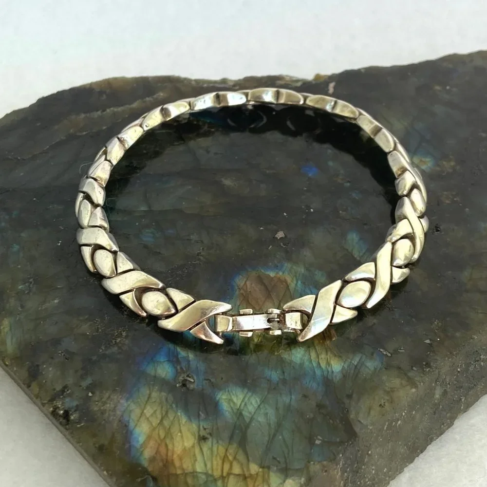 VTG Sterling Silver 925 Mexico Heavy Modernist 6MM XO Link Bracelet Sz 7.5" 24g - Picture 5 of 16